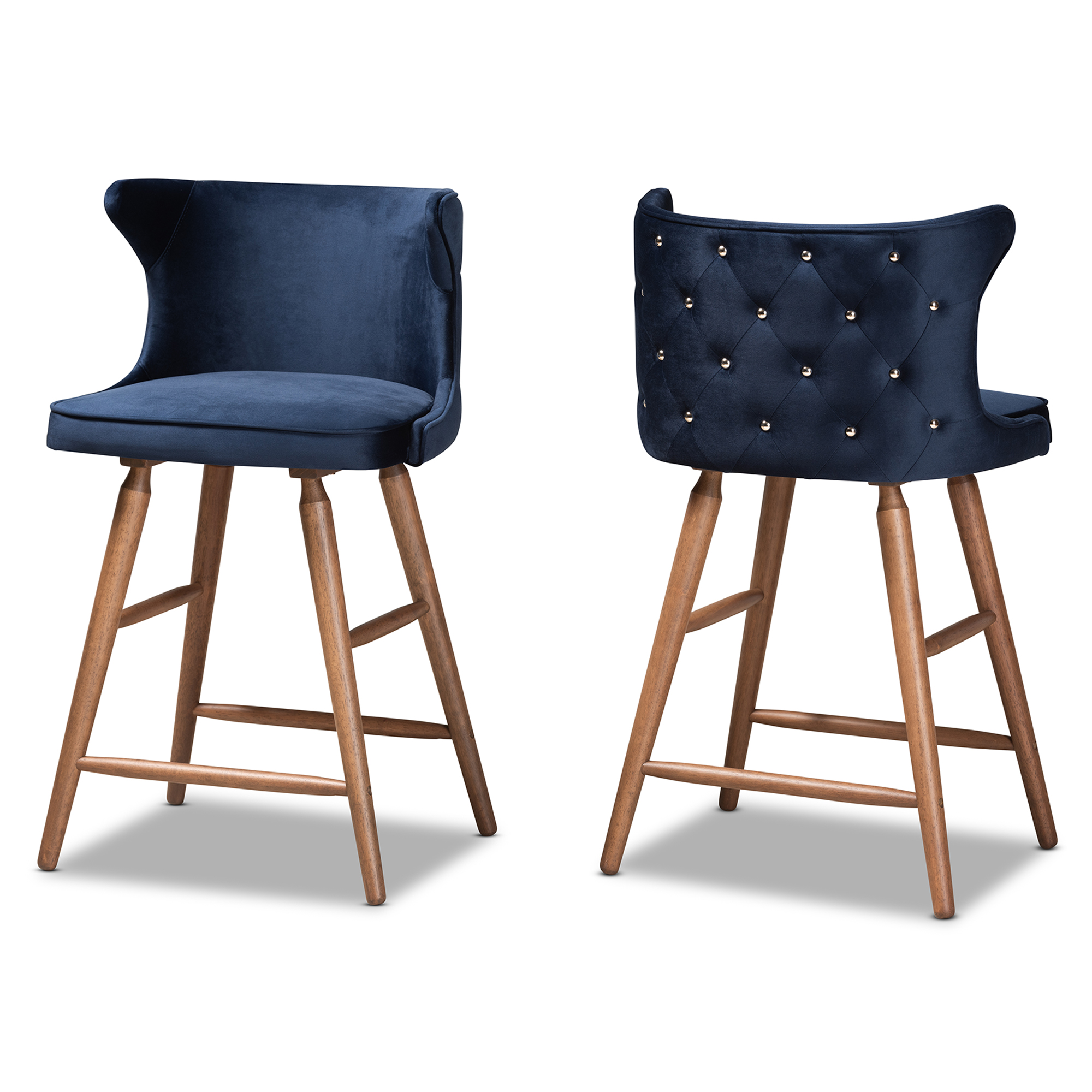 Baxton Studio Sagira Modern and Contemporary Transitional Navy Blue Velvet Fabric Upholstered and Walnut Brown Finished Wood 2-Piece Counter Stool Set